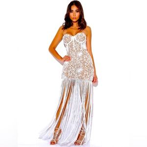 Miss Circle Become The One White Lace Long Fringed Strapless Dress